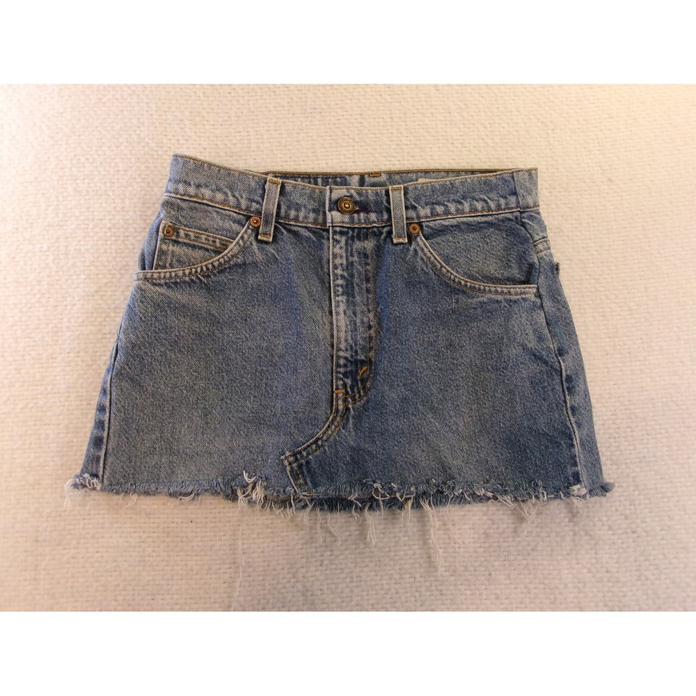Levis Womens 29 Denim Mini Skirt Blue 505 Repurposed Orange Tab Frayed Hem